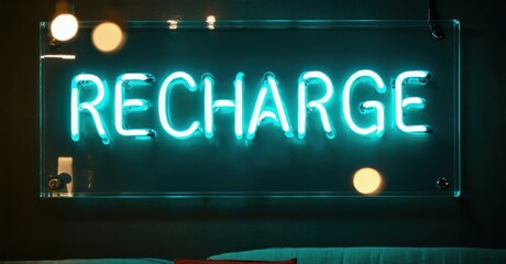 Obraz premium Bright neon sign displays RECHARGE. Turquoise glow contrasts dark background. Simple design, modern aesthetic, inviting message.