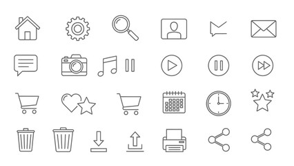 Fototapeta premium Comprehensive Web and Media Outline Icons Set on Isolated White Background
