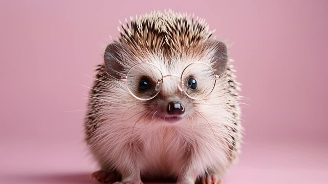 A hedgehog stands on a pink background wearing small glasses. The small animal looks curious and playful. It has spiky fur and a small nose, creating a cute appearance