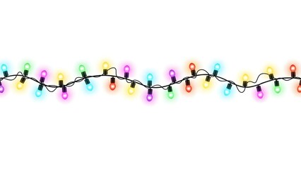 A string of colorful christmas lights stretches across a plain white background