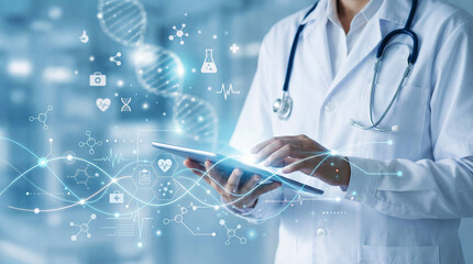 A doctor in a white coat using a digital tablet, surrounded by glowing DNA strands and medical icons