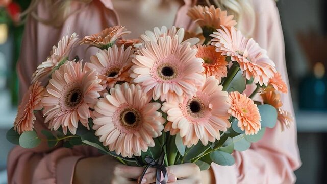 A person holds a bouquet of pink gerbera daisies in a bright indoor area. The flowers are fresh and arranged neatly. This scene captures a moment of appreciation for nature