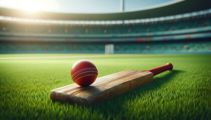 Cricket ball on top of old wooden cricket bat on green grass of cricket stadium ground background