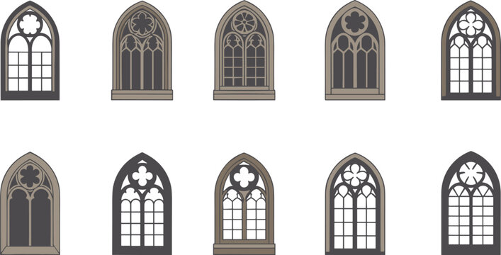 Gothic arched church window collection featuring medieval cathedral stained glass designs for historic architecture vector illustration elements
