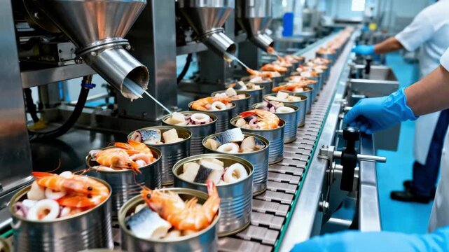 Medium shot capturing mixed seafood pieces being filled into cans emphasizing product variety and hygienic processing on a streamlined filling line.