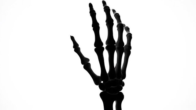 Close-up of a black skeleton hand moving against a white background