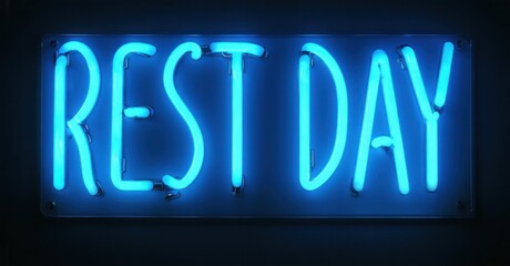 Bright neon sign displays REST DAY. Dark background emphasizes glowing blue text. Simple, direct message promotes relaxation, recovery.