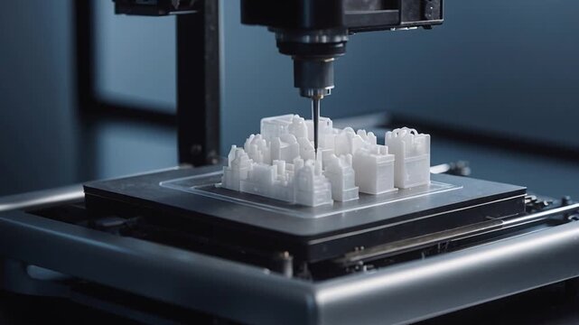 A machine is printing a detailed model piece using layers of material. This event takes place in a workshop where advanced technologies are used. The process showcases design and manufacturing skills