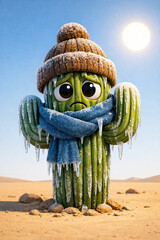 Frozen Winter Desert Cactus Character with Big Eyes