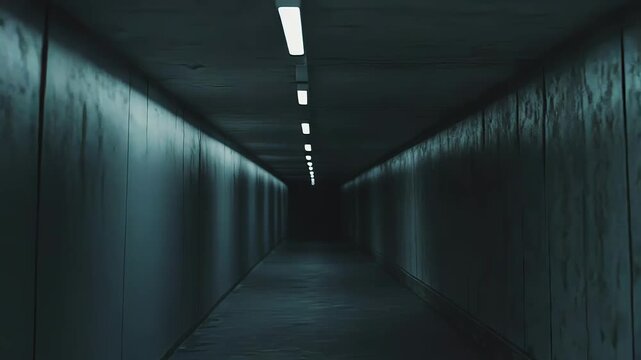 Long concrete tunnel with fluorescent lights forming a vanishing point perspective, leading into deep darkness and mystery, evoking an eerie, lonely underground journey and uncertainty