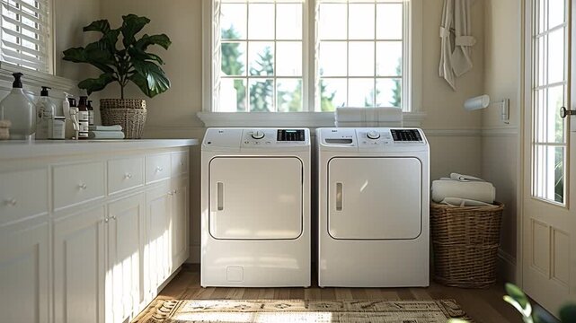 The space shows two washing machines placed side by side in a laundry room. Large windows let in natural light. A plant and laundry basket are present, adding to the room&rsquo;s setup