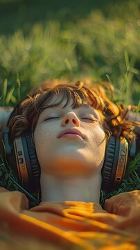 A young person relaxes on the grass with headphones, enjoying music. The scene takes place on a sunny day in a park, representing a moment of leisure and enjoyment