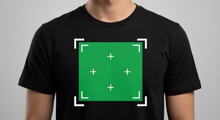 "AR Tracking Marker on Black T-Shirt &ndash; Green Square with Plus Signs and Corner Brackets for Augmented Reality Interfaces"