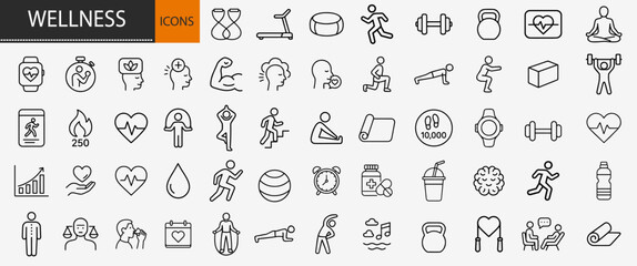 Wellness and fitness icons set, thin line healthy lifestyle gym workout and mental health yoga vector illustration