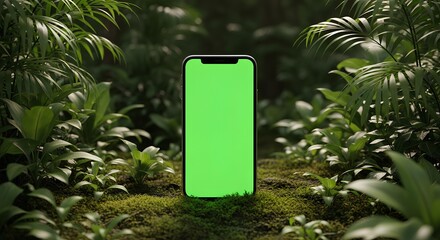 "Smartphone with Green Screen in Tropical Forest &ndash; Nature-Tech Mockup for Augmented Reality and Eco Digital Content"