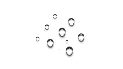 A collection of transparent water droplets suspended against a stark white background