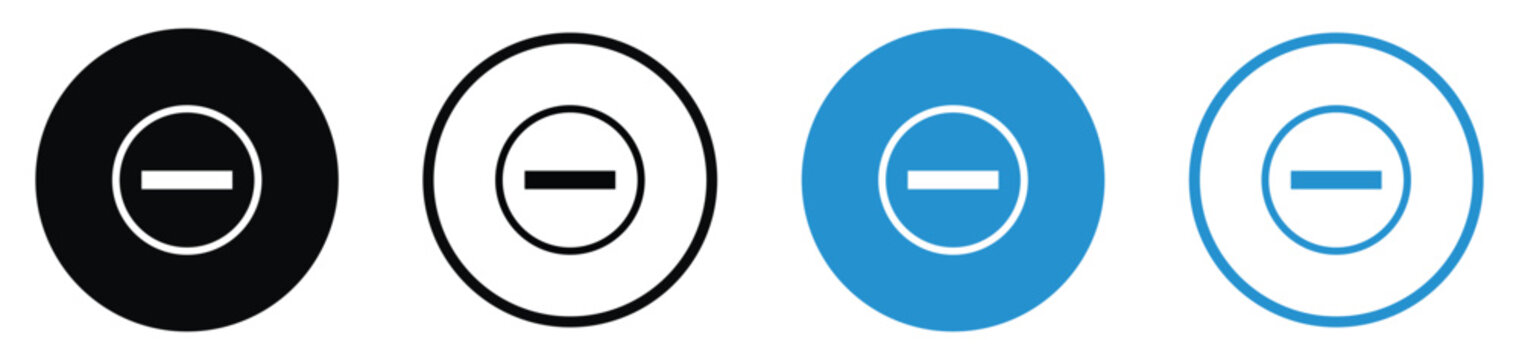 Minimalist minus sign icon set for removal or reduction. Circular symbols for delete, subtract, and negative actions in black and blue variations, ideal for interface navigation.