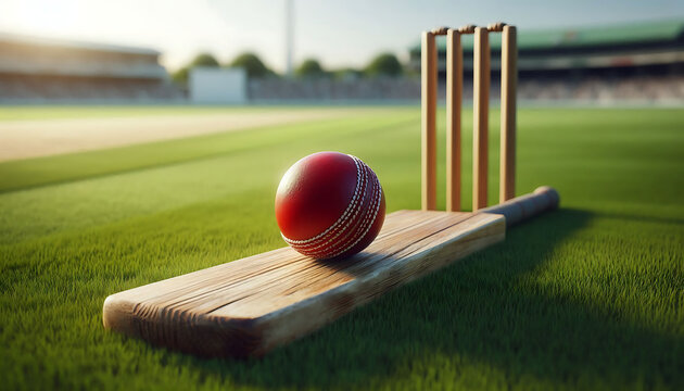 Cricket ball on top of old wooden cricket bat on green grass of cricket stadium ground background