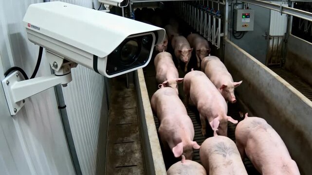 Medium view of surveillance cameras focused on pigs exiting the stunning area verifying unconsciousness status through computer vision for ethical slaughterhouse monitoring.