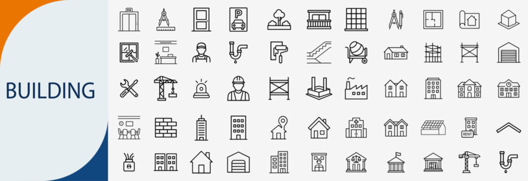 Building and architecture icons set, thin line real estate construction and city infrastructure vector illustration