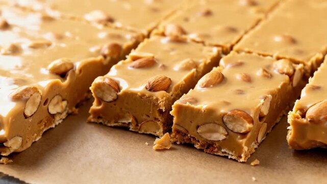 Medium shot of creamy nougat being aerated and mixed with crunchy peanuts then spread evenly before being cooled and sliced into rustic peanut bars.
