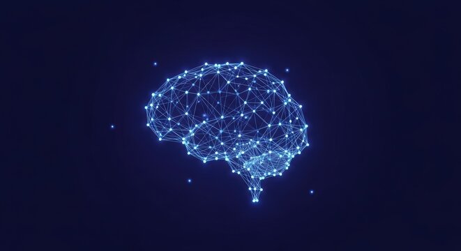 A glowing, abstract human brain with a blue and white color scheme, connected by lines and dots against a dark blue background.