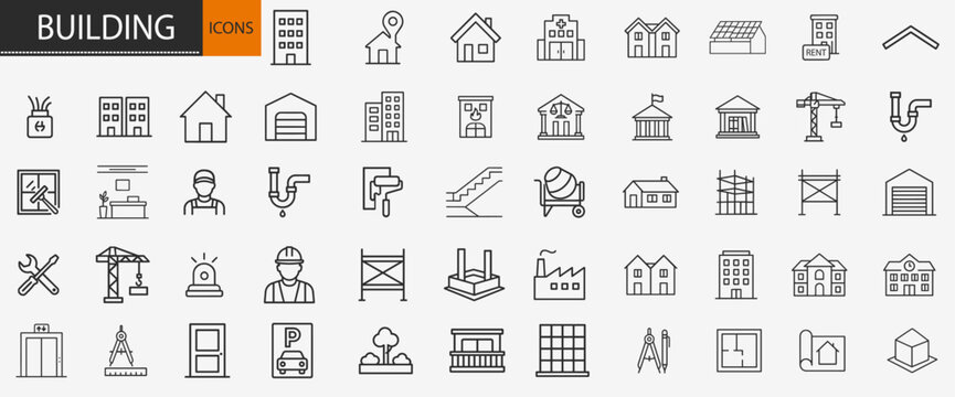Building and construction line icons set, architecture minimal vector elements