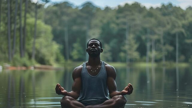 A man sits cross-legged on the water, focusing on meditation while enjoying the nature around him. The scene takes place during daytime at a peaceful lake with trees in the background