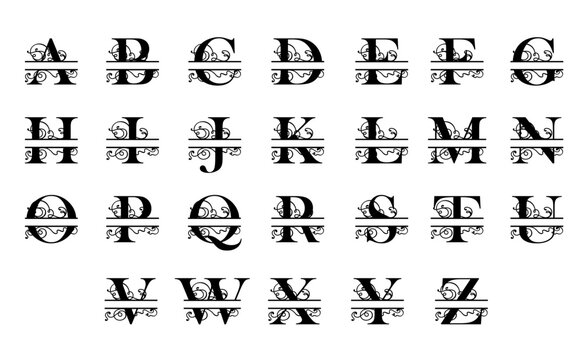 Decorative alphabet letters with ornamental flourishes. Vector split monogram.