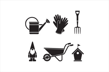 Gardening tools and elements in a simple black and white illustration