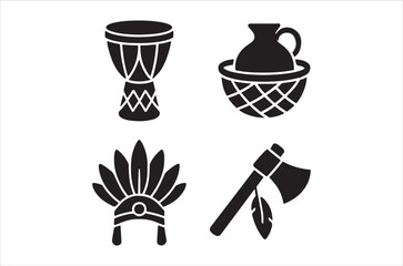 Native american cultural objects drums pottery headdress and tomahawk