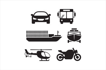 Black silhouettes of various transportation vehicles including cars buses and ships