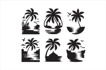 Tropical island silhouettes with palm trees and flying birds in a grid