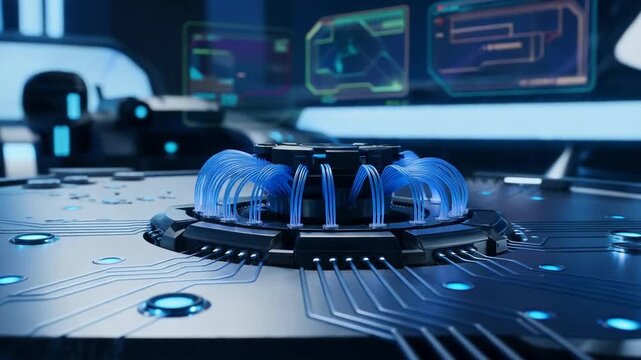 A futuristic control panel with a blue glowing dome is activated in a dark laboratory setting with neon-lit circuit boards in the foreground and holographic displays in the background