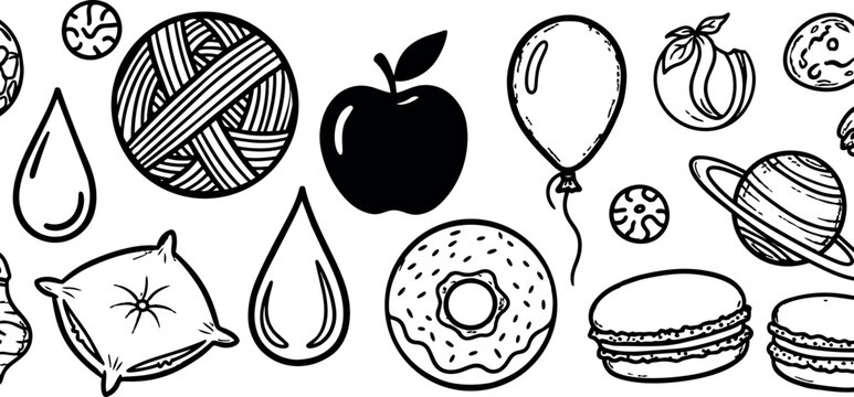 Hand drawn black line art of yarn ball pillow water drops apple balloon donut macarons with planet shapes scattered horizontally in seamless pattern