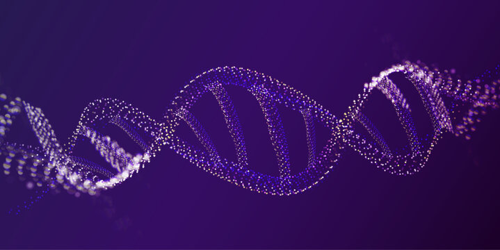 Spiral DNA code concept. Molecule background. Ai structure dna helix in blurred particles dots. Medical Biology vector illustration.