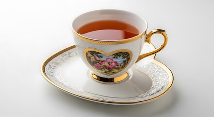 Fototapeta premium Elegant porcelain teacup filled with warm amber tea, adorned with a floral heart motif and gold trim.