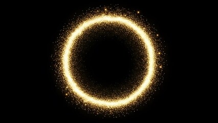 A radiant golden circle of sparkling particles against a stark black background creates a captivating visual
