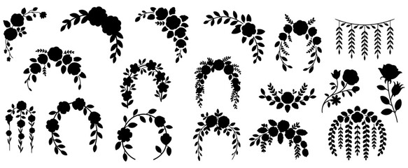 Floral Wreath Frames Collection Silhouette Set, Floral Wreath Vector, floral, frame, ornament, flower, silhouette, element, set, border, leaves, leaf, vector © Nayan