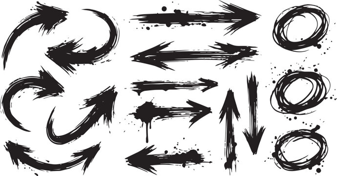 Set of grunge black ink brush stroke arrows and circles. Vector hand painted paint splatter directional signs and highlight markers.