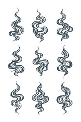 Collection of decorative smoke and steam swirls in hand drawn vintage engraving style for mystical or culinary background elements.