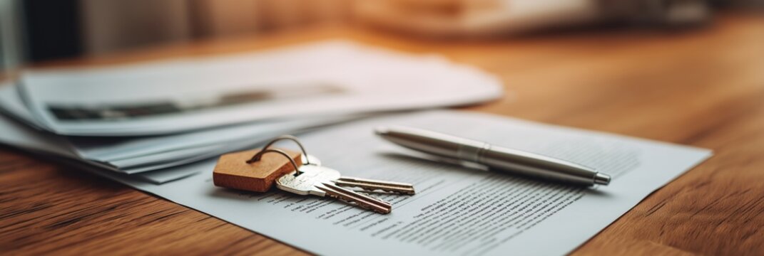 House keys on contract document with pen on wooden desk. Concept of real estate, new home purchase, property deal, or signing agreement