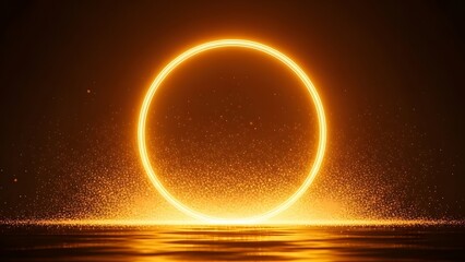 A vibrant glowing orange circle dominates a dark background with sparkling particle effects
