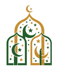 Fototapeta premium Celebrating Eid during Ramadhan with Islamic motifs and crescent moons in a serene mosque illustration