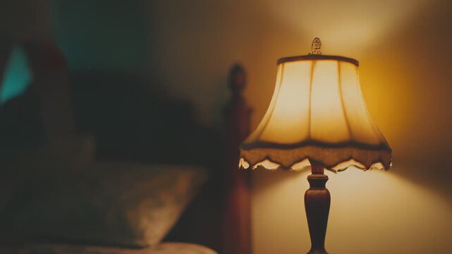 Ornate table lamp with an elaborate lampshade casting warm light on a bedside table, creating a relaxing and inviting atmosphere in a softly lit bedroom