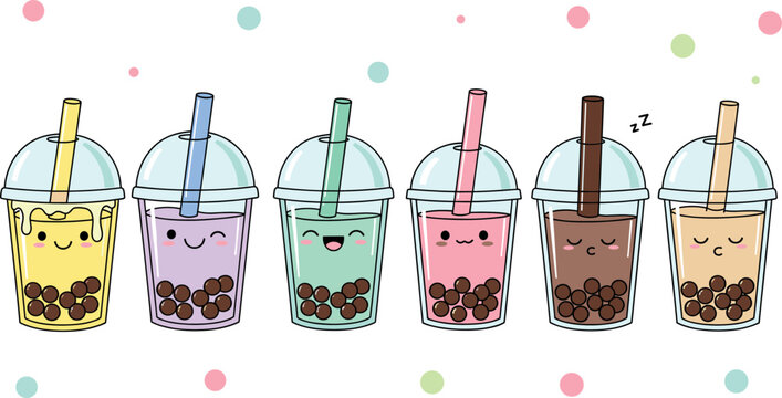 Cute boba milk tea characters set with different flavors and funny faces for cafe menu design vector