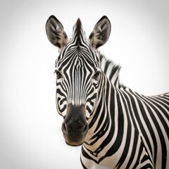 Fototapeta premium A close-up portrait of a zebra with a neutral expression, set against a plain white background.