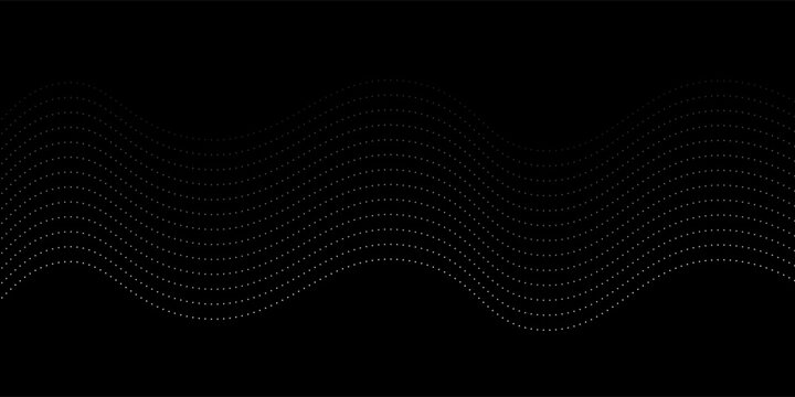 Wave dots abstract pattern. Flow of white curved dotted lines vector illustration isolated on black background. Dynamic shiny swirl backdrop. Digital, technology, ia, music, modern design element.