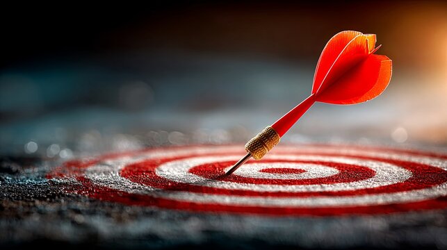 A classic red and white bullseye target with a perfectly thrown dart embedded in the absolute center.