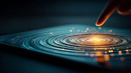 Fototapeta premium A glowing digital bullseye interface on a sleek, dark touchscreen. A fingertip is about to touch the center, causing a ripple of light to emanate from the point of contact